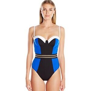NEW Kenneth Cole Color Blocked Stomping in Stilettos 1 Pc Swimsuit Black Blue S